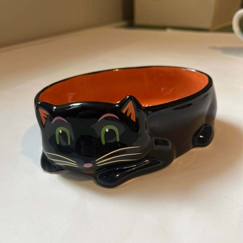 Hallmark Halloween Black Cat Dish Orange Candy Corn Fish Bone
